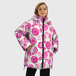Куртка зимняя женская Яркие розовые цветы в дудл стиле, абстракция, цвет: 3D-черный — фото 2