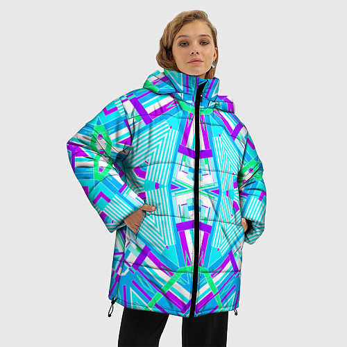 Женская зимняя куртка Геометрический орнамент в голубых тонах / 3D-Красный – фото 3