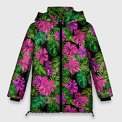 Куртка зимняя женская Тропические листья и цветы на черном фоне, цвет: 3D-черный