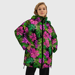 Куртка зимняя женская Тропические листья и цветы на черном фоне, цвет: 3D-красный — фото 2