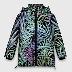 Куртка зимняя женская Разноцветные Листья Пальм В Ночных Джунглях, цвет: 3D-черный