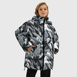 Куртка зимняя женская Чёрно-белые Листья Пальм, цвет: 3D-красный — фото 2