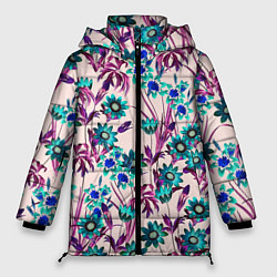 Куртка зимняя женская Цветы Летние Фиолетовые Рудбеки, цвет: 3D-черный
