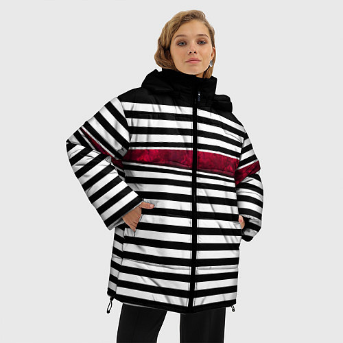 Женская зимняя куртка Полосатый современный черно-белый с красной вставк / 3D-Красный – фото 3