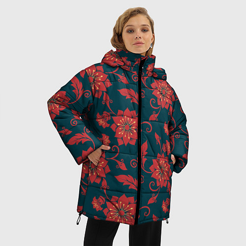 Женская зимняя куртка Red flowers texture / 3D-Красный – фото 3