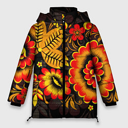 Женская зимняя куртка Хохломская Роспись Цветы На Тёмном Фоне