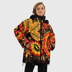 Куртка зимняя женская Хохломская Роспись Цветы На Тёмном Фоне, цвет: 3D-светло-серый — фото 2