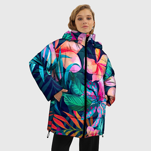 Женская зимняя куртка Яркие тропические цветы Лето / 3D-Красный – фото 3