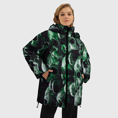 Женская зимняя куртка Множество черепов во тьме - Зелёный / 3D-Светло-серый – фото 3