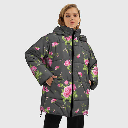 Женская зимняя куртка Розовые розы на сером фоне / 3D-Светло-серый – фото 3
