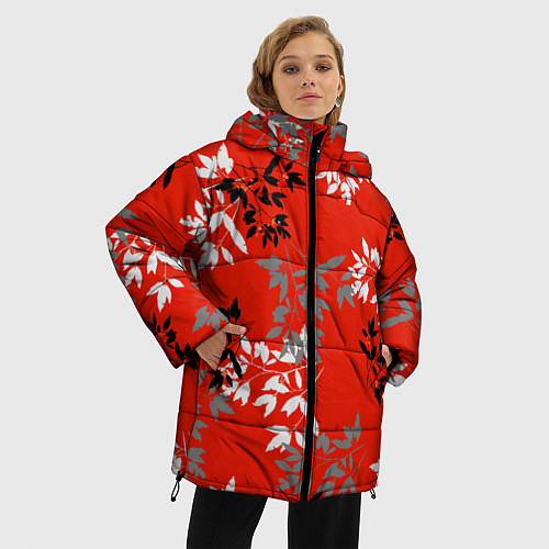 Женская зимняя куртка Черные и серые ветки на красном фоне в японском ст / 3D-Красный – фото 3