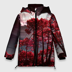 Куртка зимняя женская Абстрактные красные деревья и облака, цвет: 3D-черный