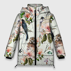 Куртка зимняя женская Цветы Нарисованные Магнолии и Птицы, цвет: 3D-красный