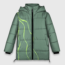 Куртка зимняя женская Абстрактные зеленые линии на фоне цвета хаки, цвет: 3D-светло-серый