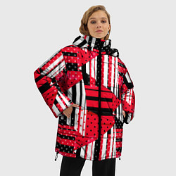 Куртка зимняя женская Красный, черный и белый горошек и полоска, пэчворк, цвет: 3D-светло-серый — фото 2