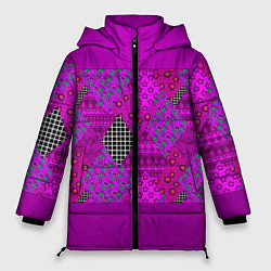 Куртка зимняя женская Малиновый комбинированный узор пэчворк, цвет: 3D-красный