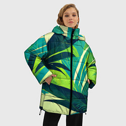 Куртка зимняя женская Яркие тропические листья пальмы, цвет: 3D-черный — фото 2