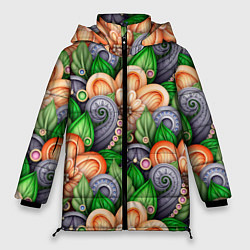 Куртка зимняя женская Объемные лепестки цветов и листья, цвет: 3D-черный