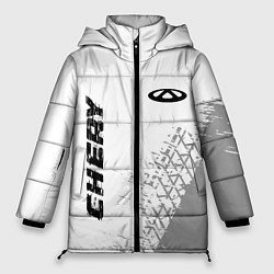 Куртка зимняя женская Chery speed на светлом фоне со следами шин: надпис, цвет: 3D-черный
