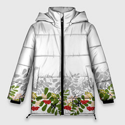 Куртка зимняя женская Веточки красной рябины с бабочками, цвет: 3D-черный