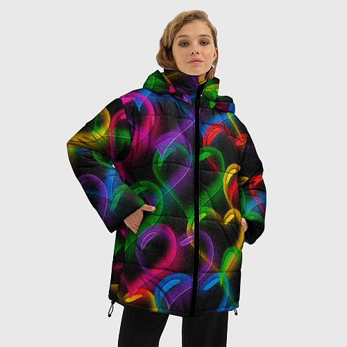 Женская зимняя куртка Граффити - неоновые сердца / 3D-Красный – фото 3