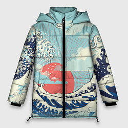 Куртка зимняя женская Морской пейзаж с большими волнами на закате, цвет: 3D-светло-серый
