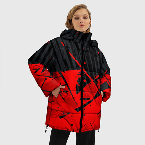 Женская зимняя куртка Красные брызги на черном фоне / 3D-Красный – фото 3