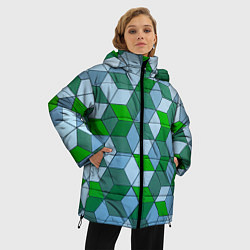 Куртка зимняя женская Зелёные и серые абстрактные кубы с оптической иллю, цвет: 3D-светло-серый — фото 2