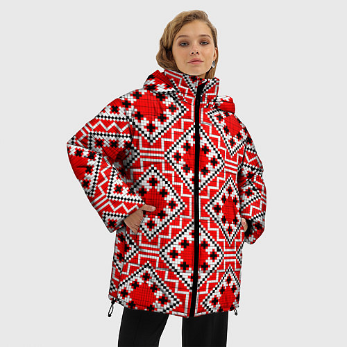 Женская зимняя куртка Белорусская вышивка - орнамент / 3D-Красный – фото 3