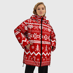 Куртка зимняя женская Новогодний узор на красном фоне, цвет: 3D-красный — фото 2