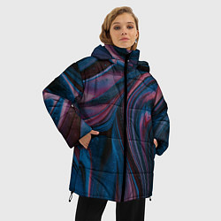 Куртка зимняя женская Абстрактные фиолетовые и синие волны с блёстками, цвет: 3D-черный — фото 2