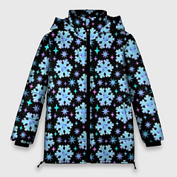 Женская зимняя куртка Яркие зимние снежинки с цветными звездами