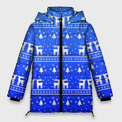 Куртка зимняя женская Синий орнамент с оленями, цвет: 3D-черный