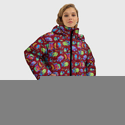 Куртка зимняя женская Тропические рыбки на бордовом, цвет: 3D-черный — фото 2