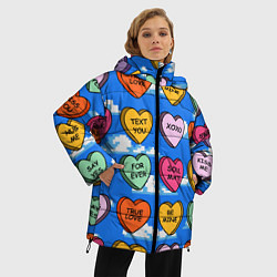 Куртка зимняя женская Валентинки конфетки сердечки с посланиями, цвет: 3D-черный — фото 2