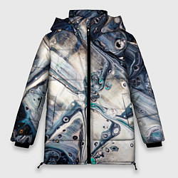Куртка зимняя женская Абстрактное жидкое белое и синее стекло, цвет: 3D-черный