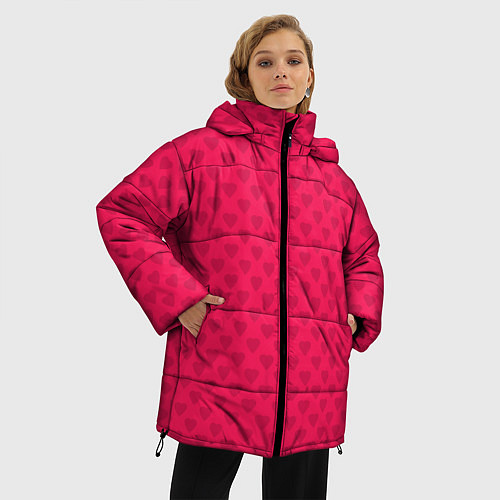 Женская зимняя куртка Красный паттерн с мелкими сердечками / 3D-Красный – фото 3