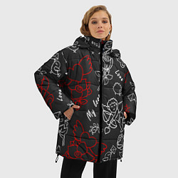 Куртка зимняя женская Летающие сердца купидоны розы на черном фоне, цвет: 3D-красный — фото 2