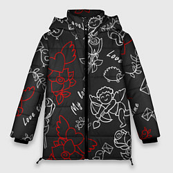 Куртка зимняя женская Летающие сердца купидоны розы на черном фоне, цвет: 3D-красный