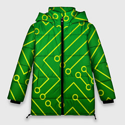 Куртка зимняя женская Технический зелёный паттерн с жёлтыми лучами, цвет: 3D-красный