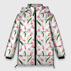 Куртка зимняя женская Тюльпаны и сердечки - паттерн, цвет: 3D-светло-серый