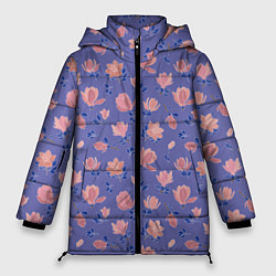 Куртка зимняя женская Цветы магнолии на нежно-лиловом, цвет: 3D-черный