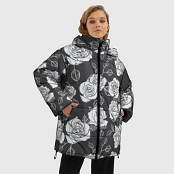 Куртка зимняя женская Нарисованные белые розы, цвет: 3D-черный — фото 2
