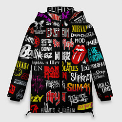 Куртка зимняя женская Логотипы рок групп цветные, цвет: 3D-черный
