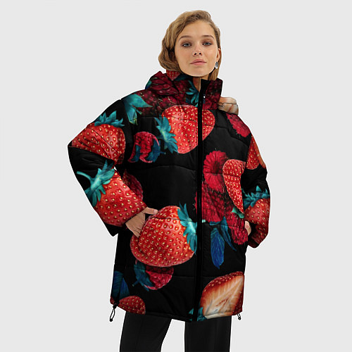 Женская зимняя куртка Клубника на черном фоне / 3D-Красный – фото 3