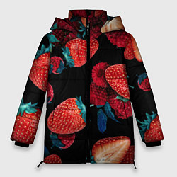 Куртка зимняя женская Клубника на черном фоне, цвет: 3D-красный