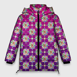 Куртка зимняя женская Абстрактные разноцветные узоры на пурпурно-фиолето, цвет: 3D-красный