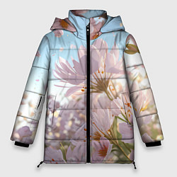 Куртка зимняя женская Розовые цветы на фоне неба, цвет: 3D-красный