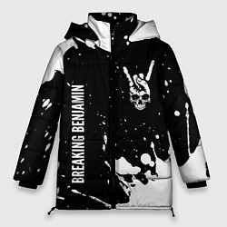 Куртка зимняя женская Breaking Benjamin и рок символ на темном фоне, цвет: 3D-черный