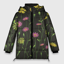 Куртка зимняя женская Полевые цветочки на темном фоне, цвет: 3D-светло-серый